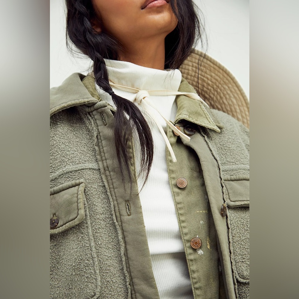Free People Long Ruby Jacket Size XS Dirty Olive Green Fleece - Picture 6 of 15